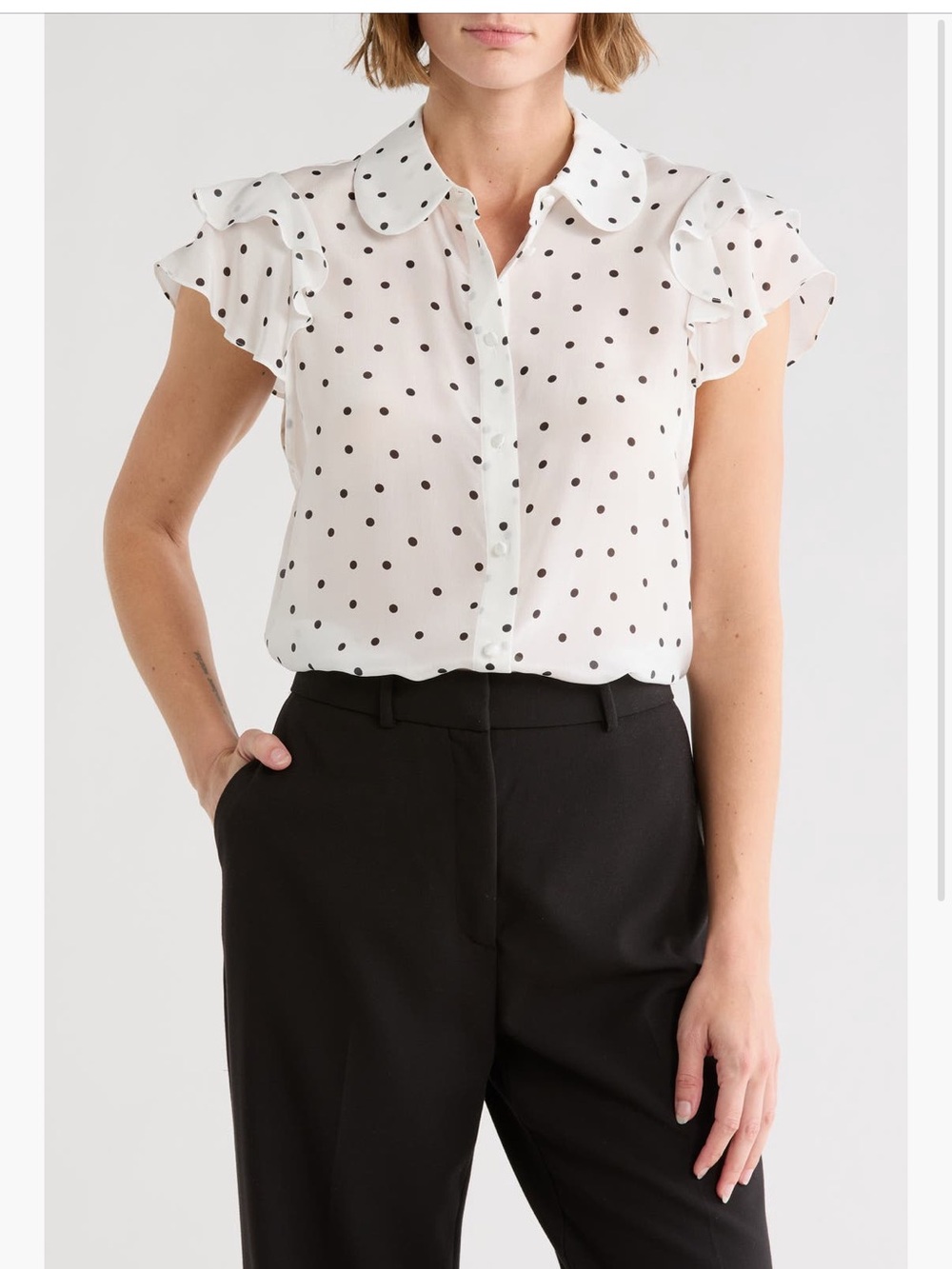 Alice + Olivia ziggy White Polka Dot Ruffle Sleeve stretch silk Blouse